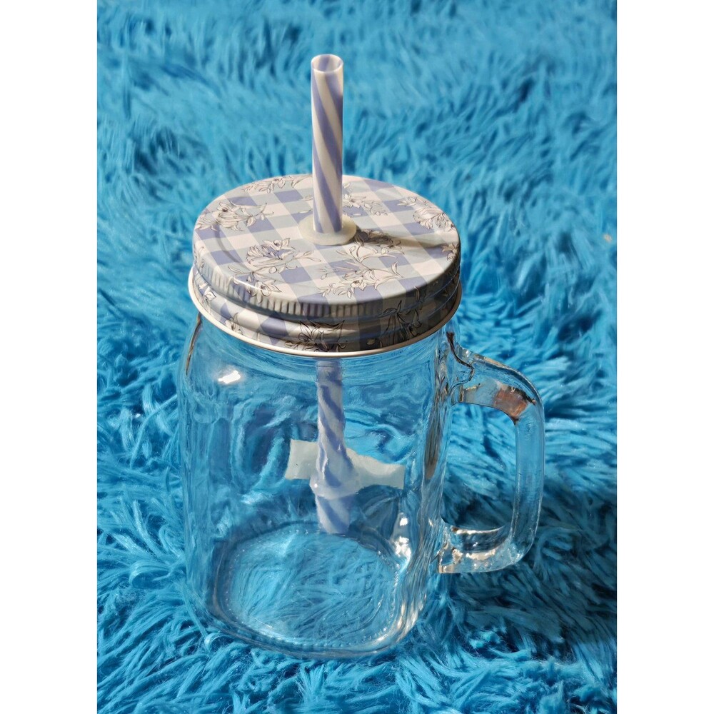 Glass Mason Jar Mug 15oz Blue White Plaid Floral with Handle Tin Lid & a Straw